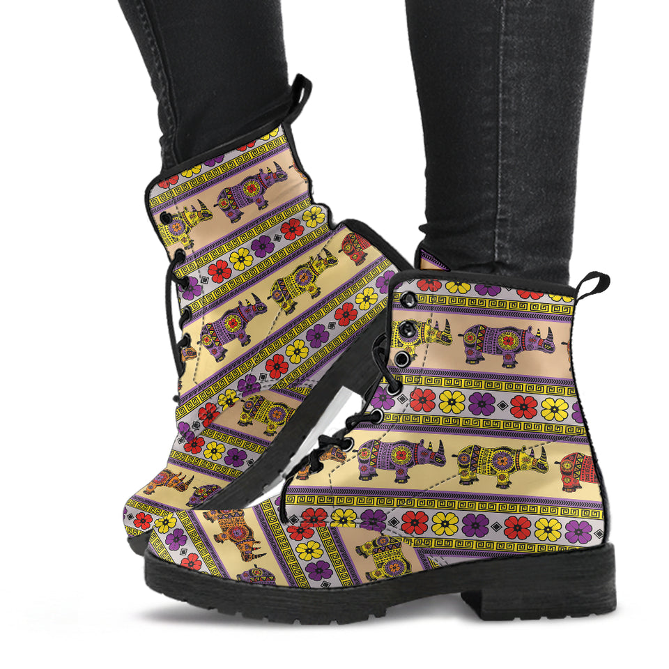 Rhino African Afro Dashiki Adinkra Kente Pattern Leather Boots