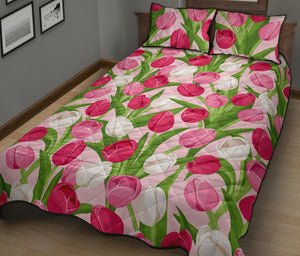 Pink White Tulip Pattern Quilt Bed Set