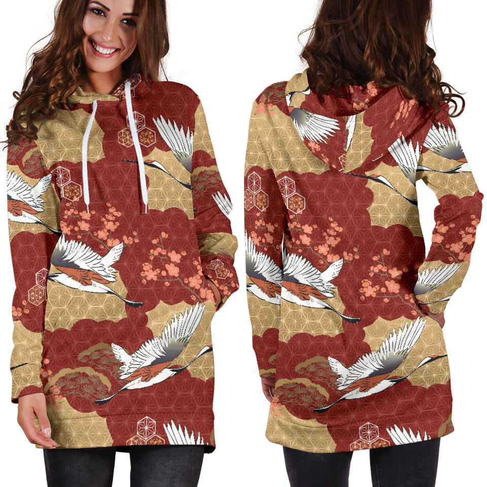 Japanese Crane Theme Pattern Women Hoodie Dress