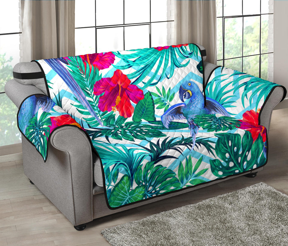 Blue Parrot Hibiscus Pattern Loveseat Couch Cover Protector