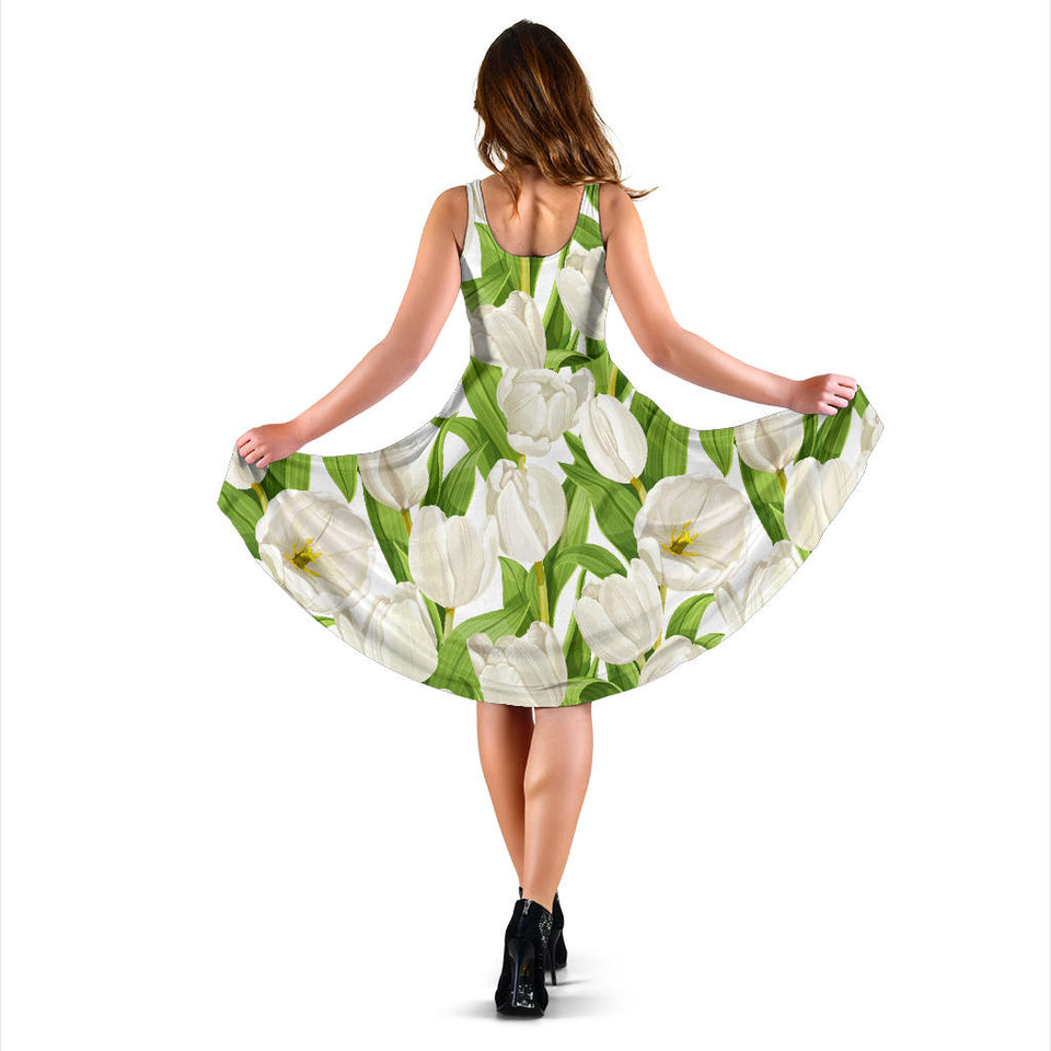 White Tulip Pattern Sleeveless Midi Dress