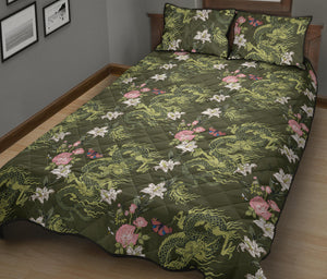 Green Dragon Rose Flower Pattern Quilt Bed Set