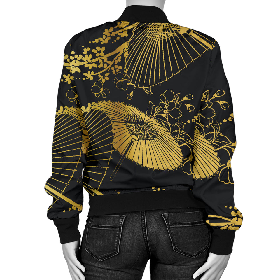 Gold Fan Flower Japanese Pattern Women Bomber Jacket
