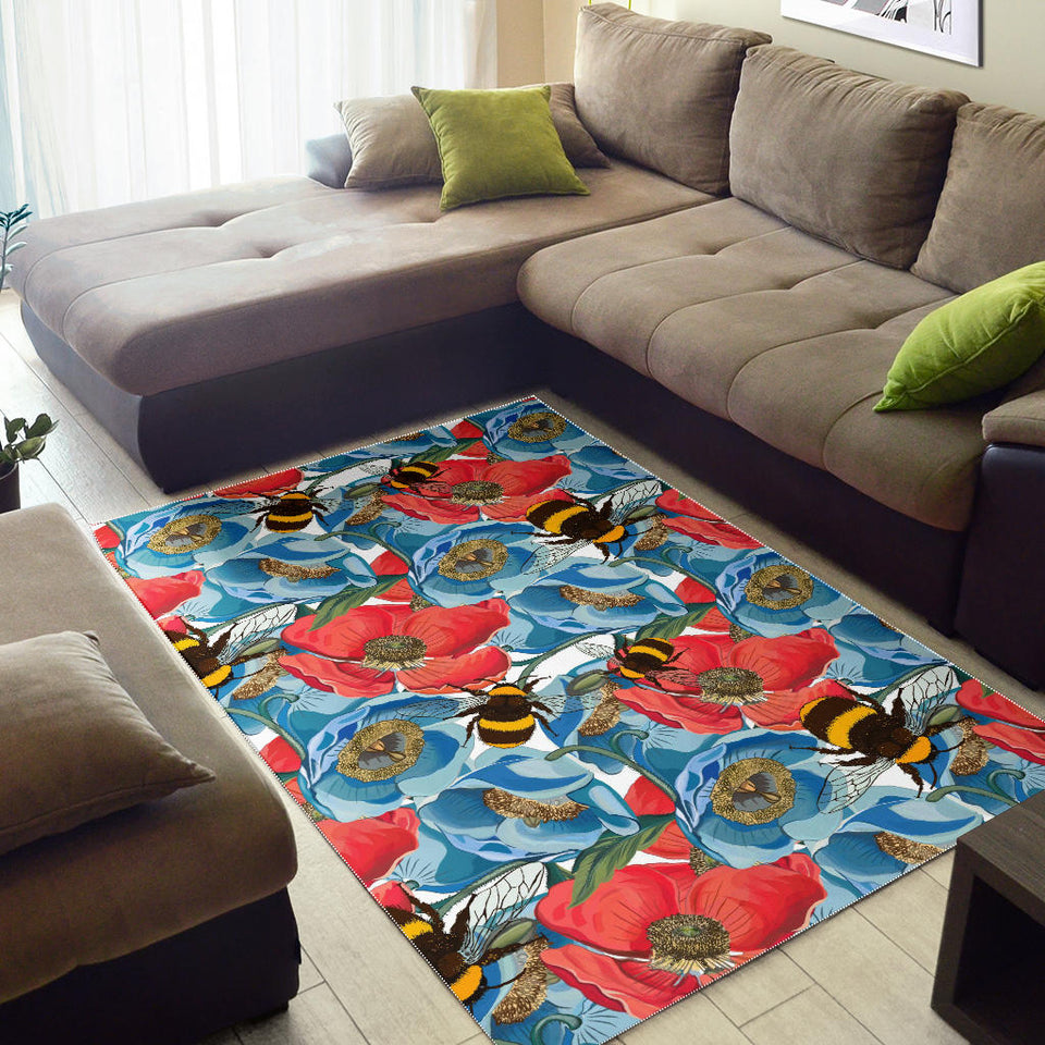 Bee Red and Blue Hibiscus Pattern Area Rug