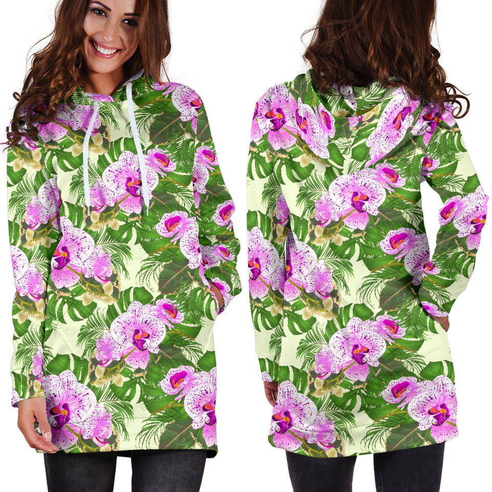 Orchid Leaves Pattern Women Hoodie Dress