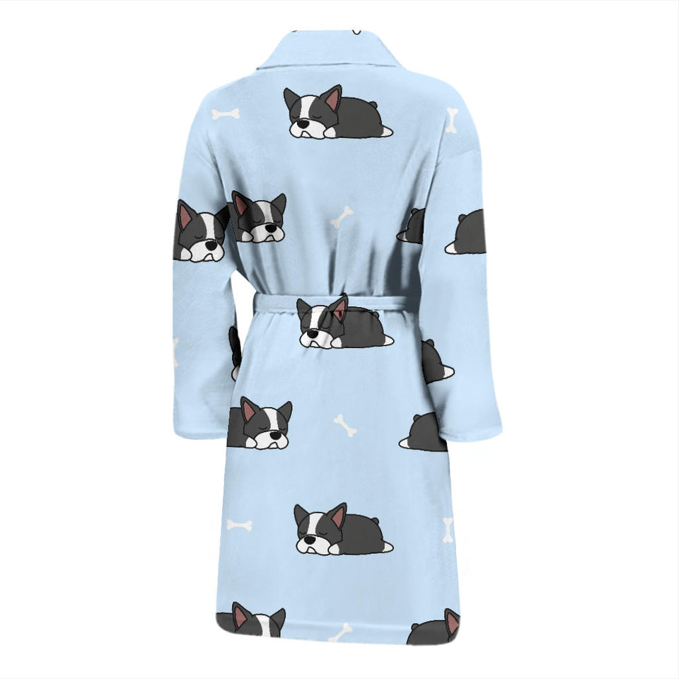 Sleep Boston Terrier Bone Pattern Men Bathrobe