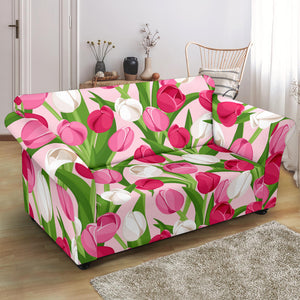 Pink White Tulip Pattern Loveseat Couch Slipcover