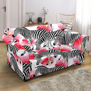 Zebra Red Hibiscus Pattern Loveseat Couch Slipcover