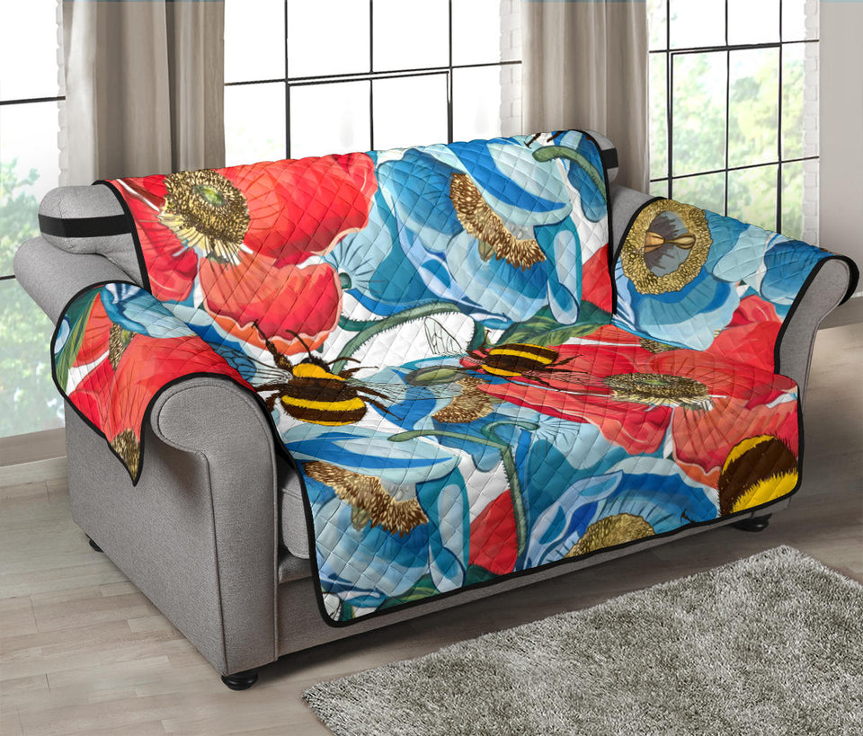 Bee Red and Blue Hibiscus Pattern Loveseat Couch Cover Protector