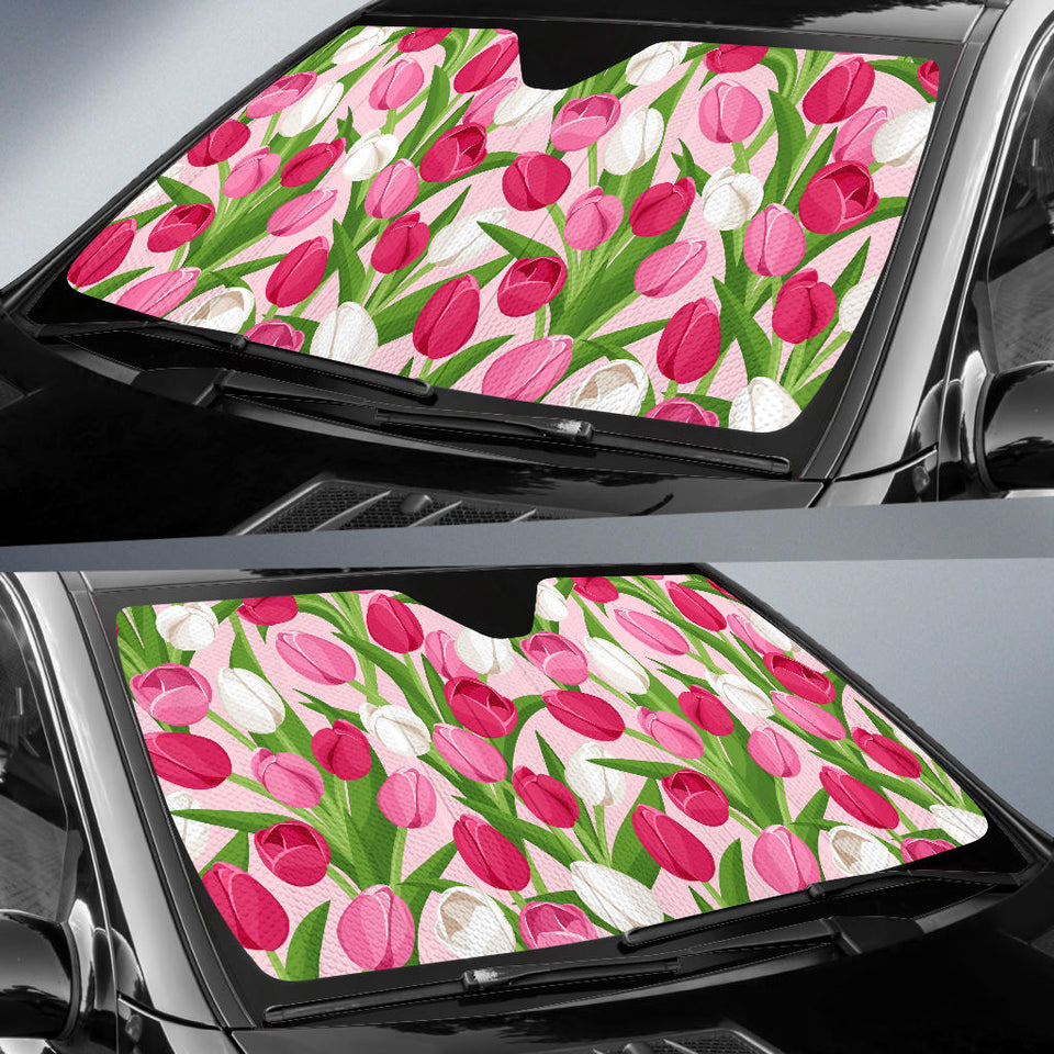 Pink White Tulip Pattern Car Sun Shade