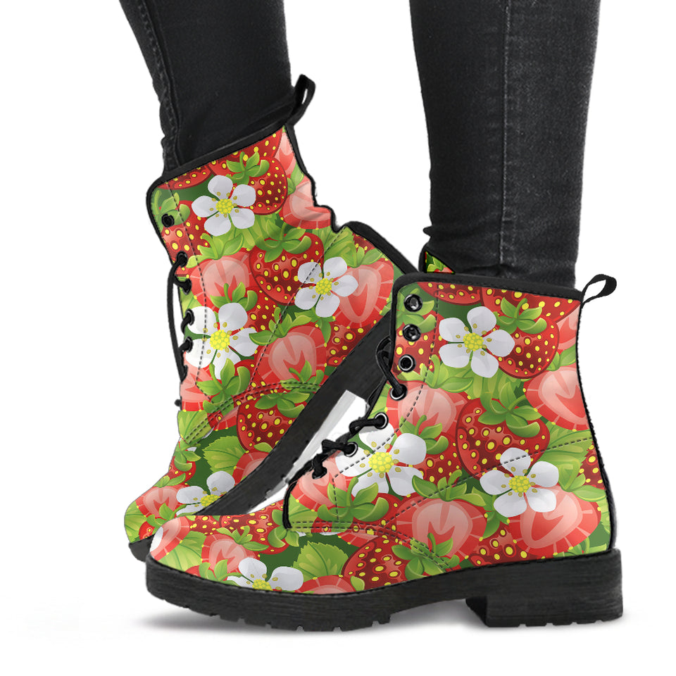 Strawberry Leaves Flower Pattern Leather Boots