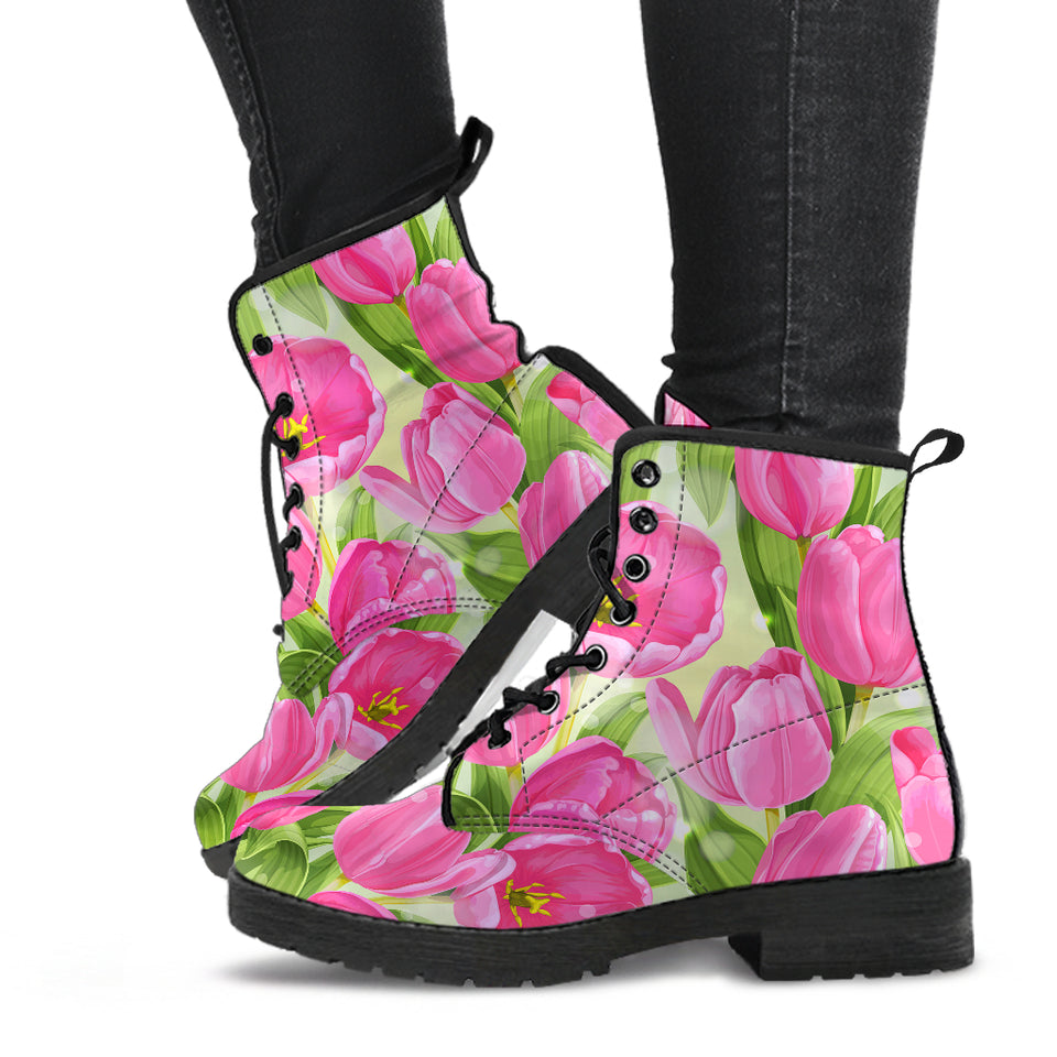 Pink Tulip Pattern Leather Boots