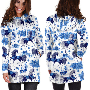 Horse Flower Blue Theme Pattern Women Hoodie Dress