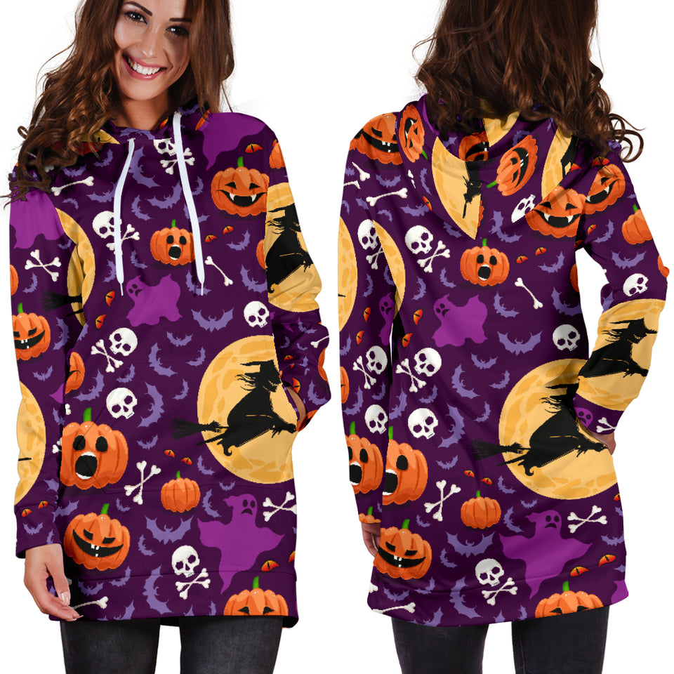 Halloween Pumpkin Witch Pattern Women Hoodie Dress