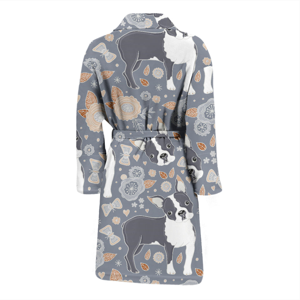 Boston Terrier Flower Pattern Gray Background Men Bathrobe