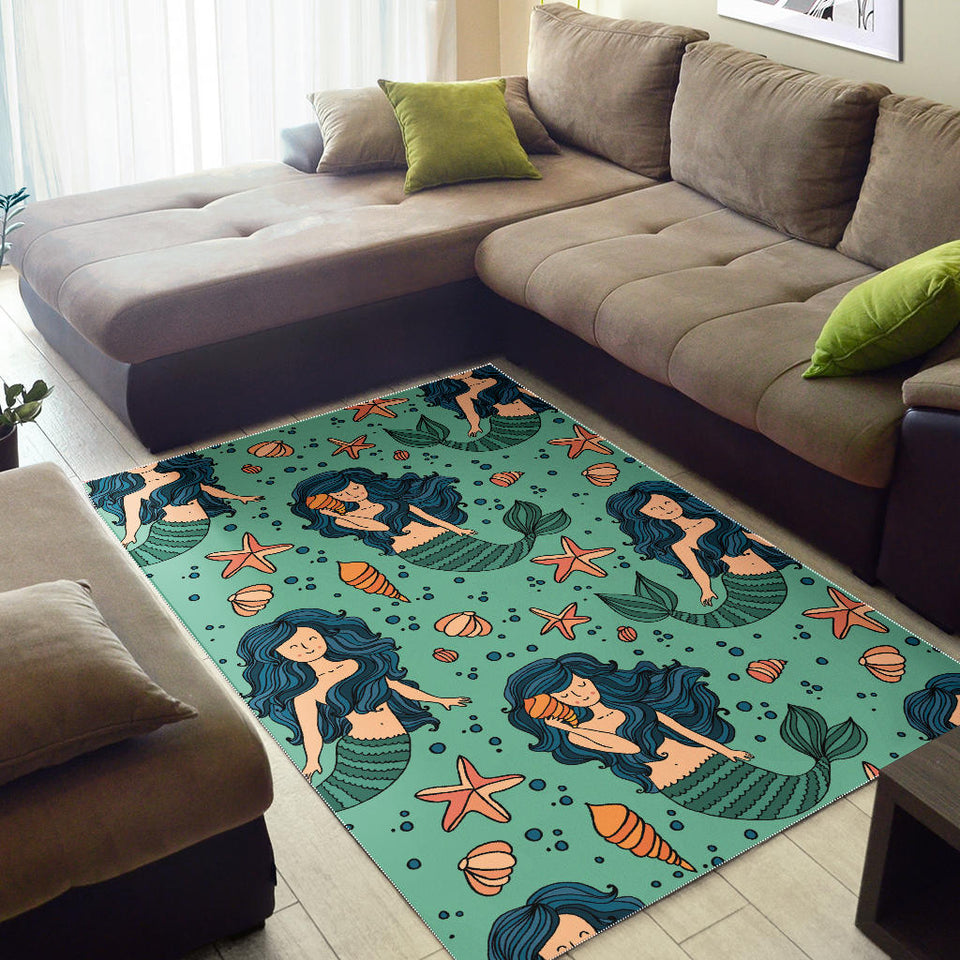 Mermaid Pattern Green Background Area Rug