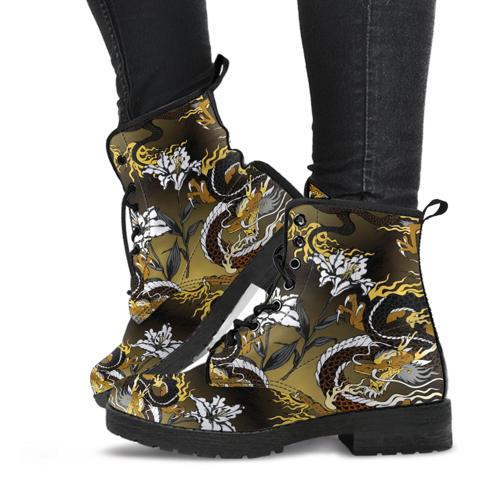 Gold Dragon Pattern Leather Boots