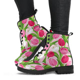 Pink White Tulip Pattern Leather Boots