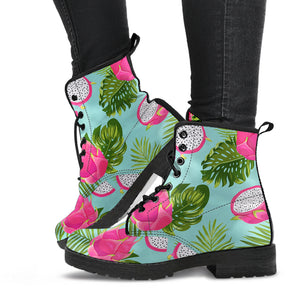 Dragon Fruit Leaves Pattern Leather Boots