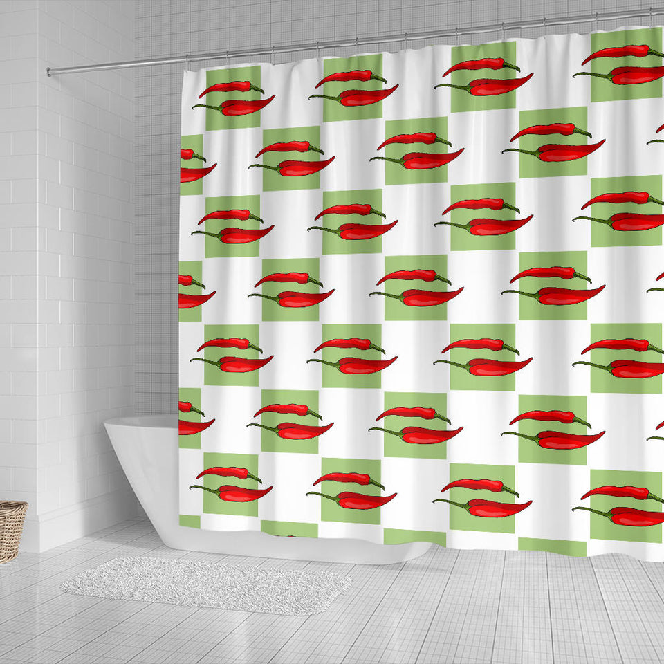 Red Chili Pattern Green White background Shower Curtain Fulfilled In US
