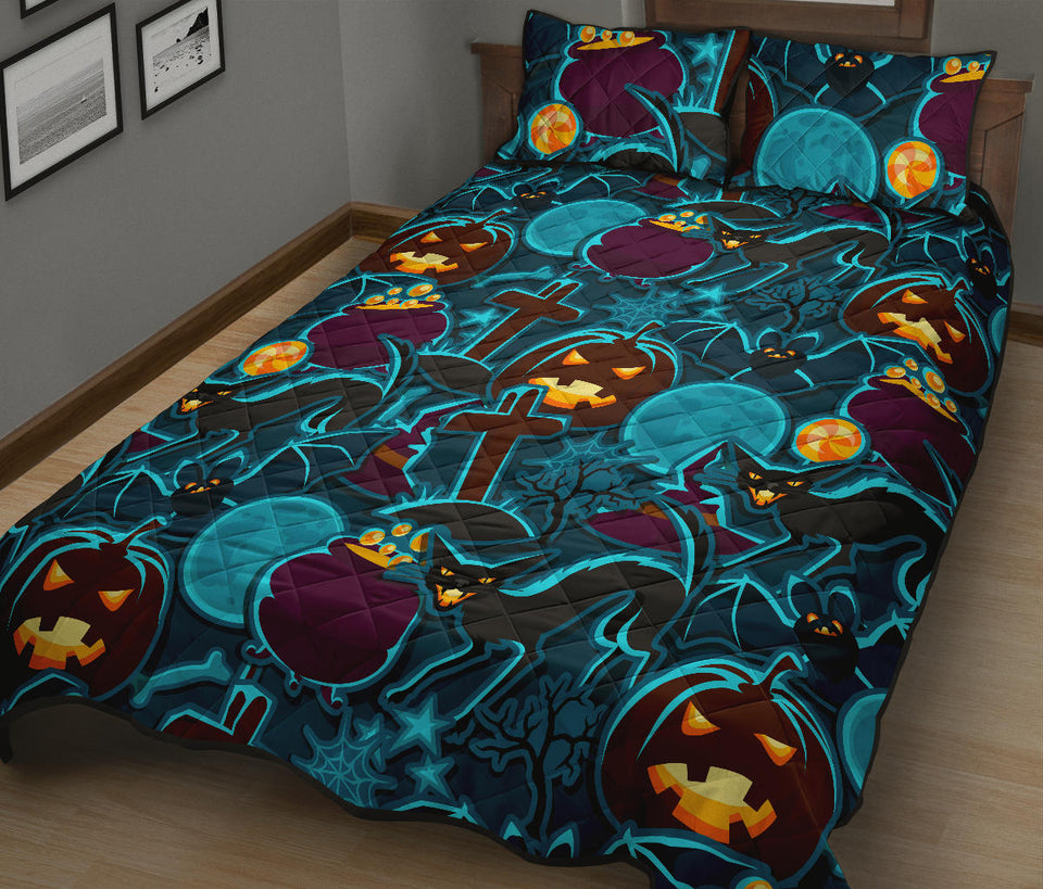 Halloween Pumpkin Cat Pattern Quilt Bed Set