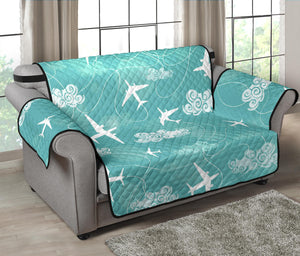 Airplane Cloud Pattern Green Background Loveseat Couch Cover Protector