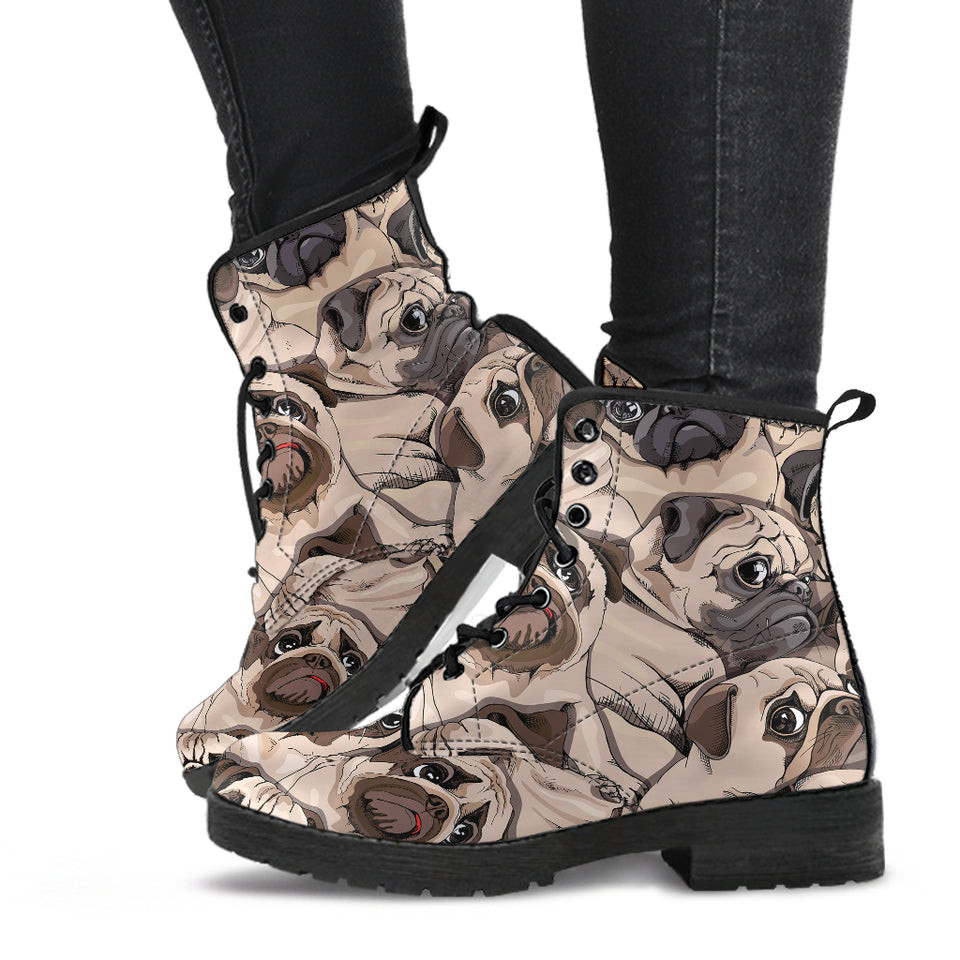 Pug Pattern Background Leather Boots