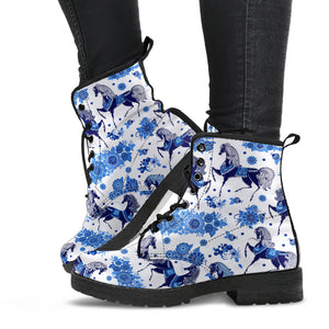 Horse Flower Blue Theme Pattern Leather Boots