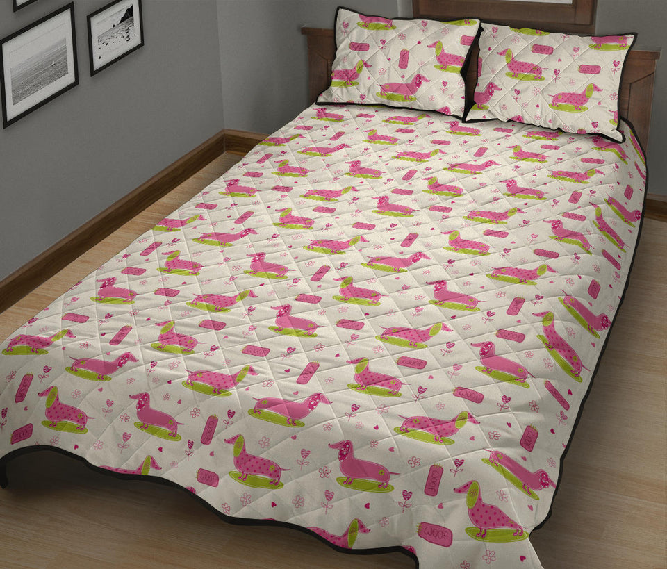 Pink Dachshund Pattern Quilt Bed Set