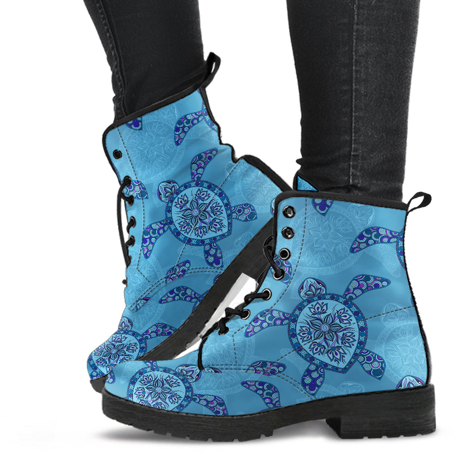 Sea Turtle Blue Tribal Pattern Leather Boots