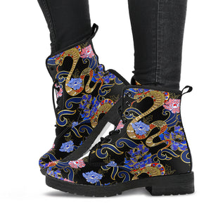 Snake Flower Pattern Leather Boots