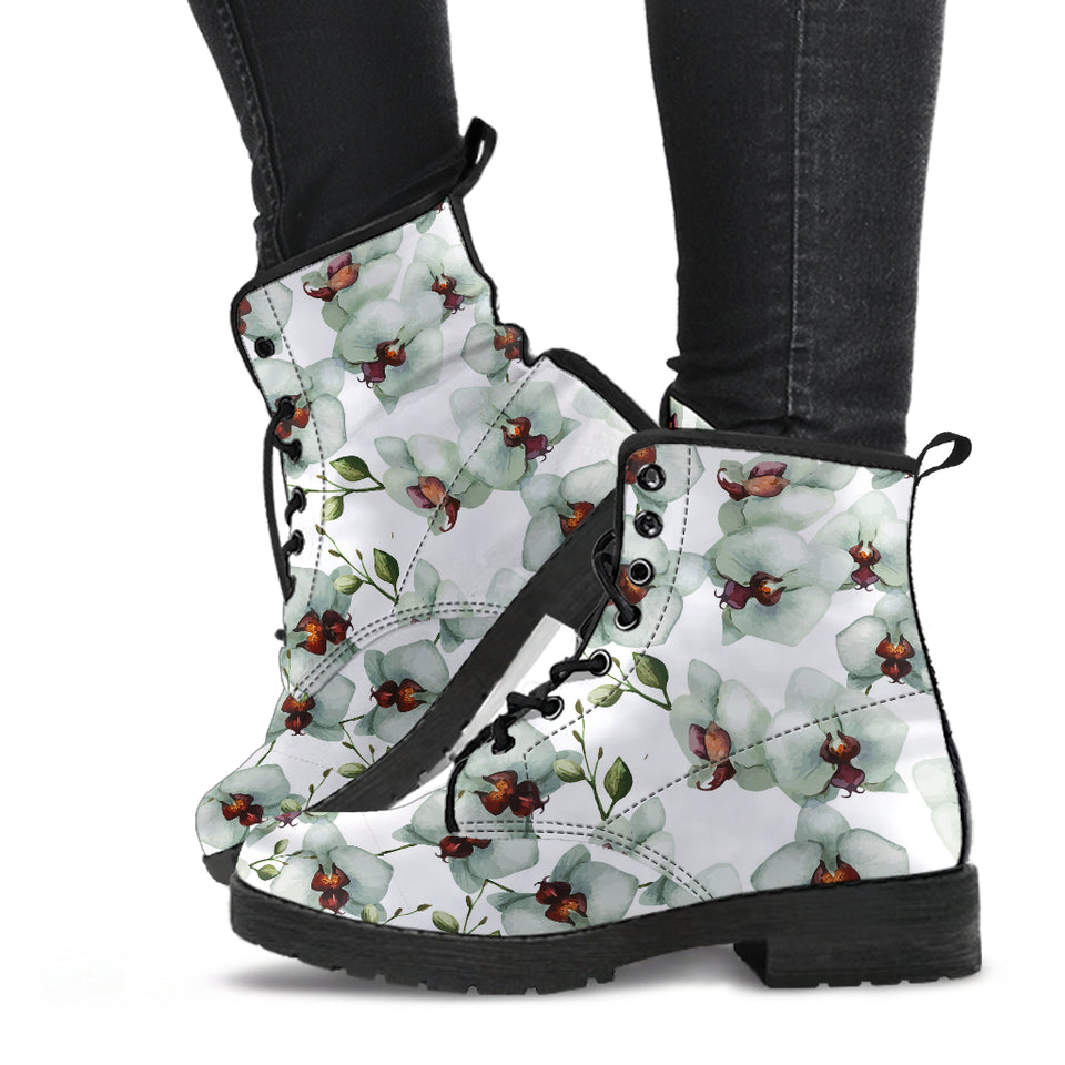 White Orchid Pattern Leather Boots