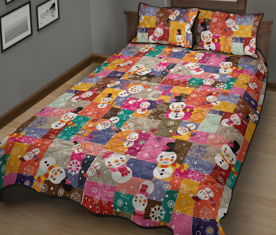 Snowman Colorful Theme Pattern Quilt Bed Set