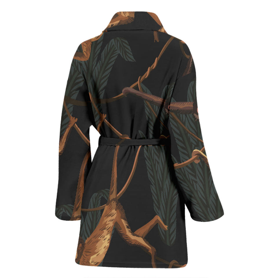 Monkey Pattern Black Background Women Bathrobe