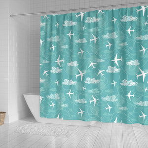 Airplane Cloud Pattern Green Background Shower Curtain Fulfilled In US