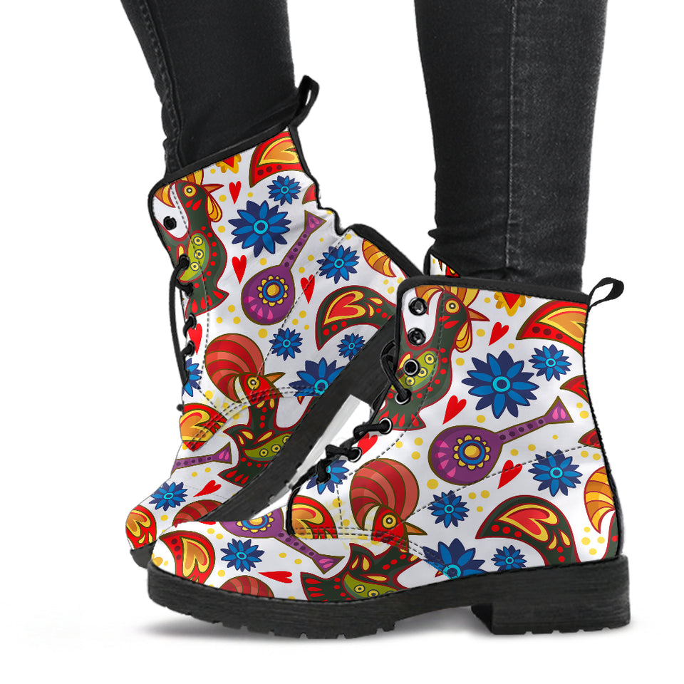 Colorful Rooster Chicken Guitar Pattern Leather Boots