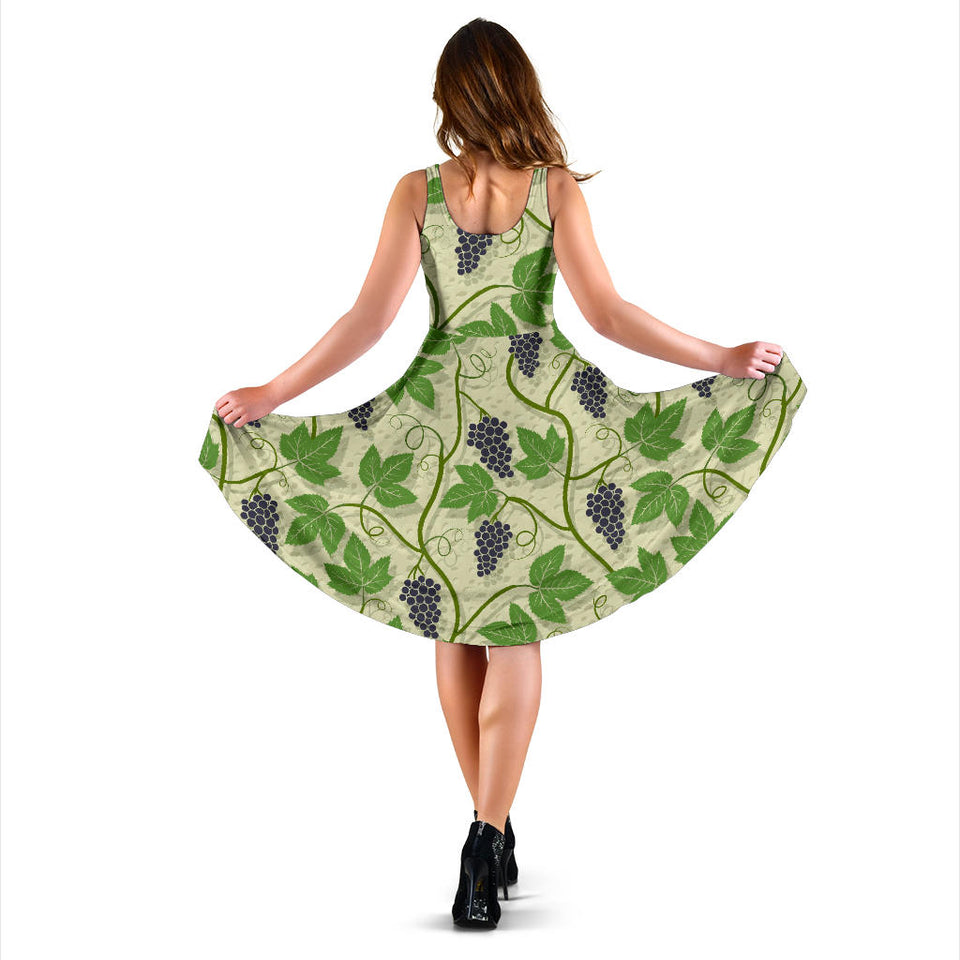 Grape Leaves Pattern Sleeveless Midi Dress