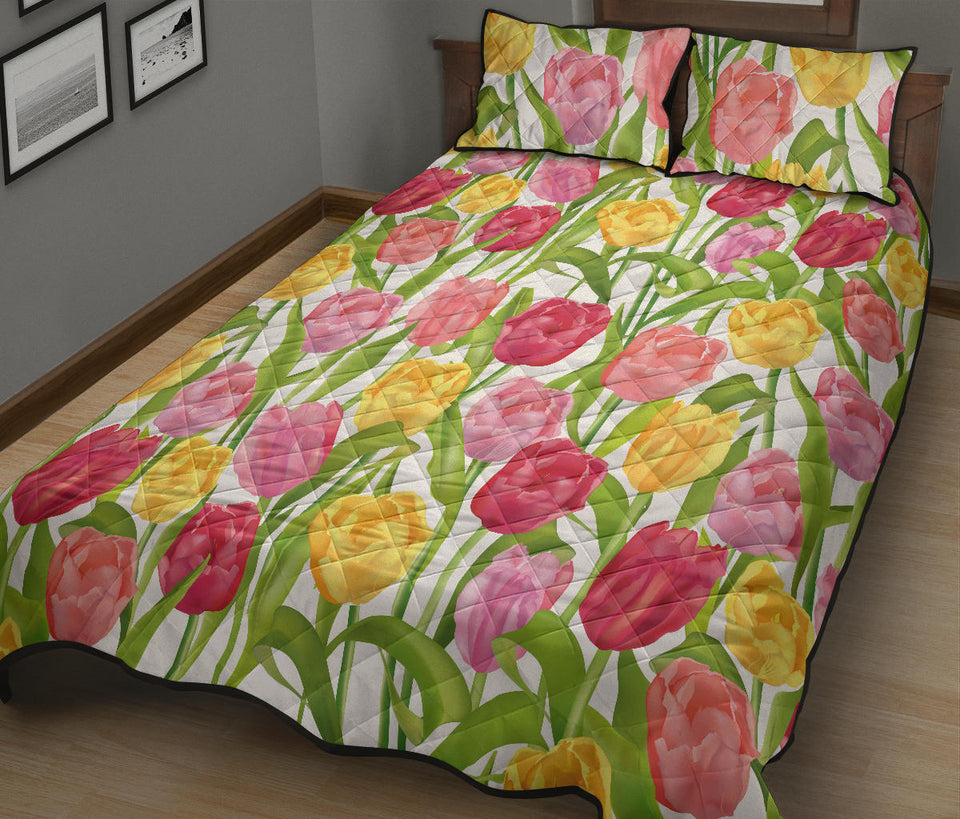 Pink Red Yellow Tulip Pattern Quilt Bed Set