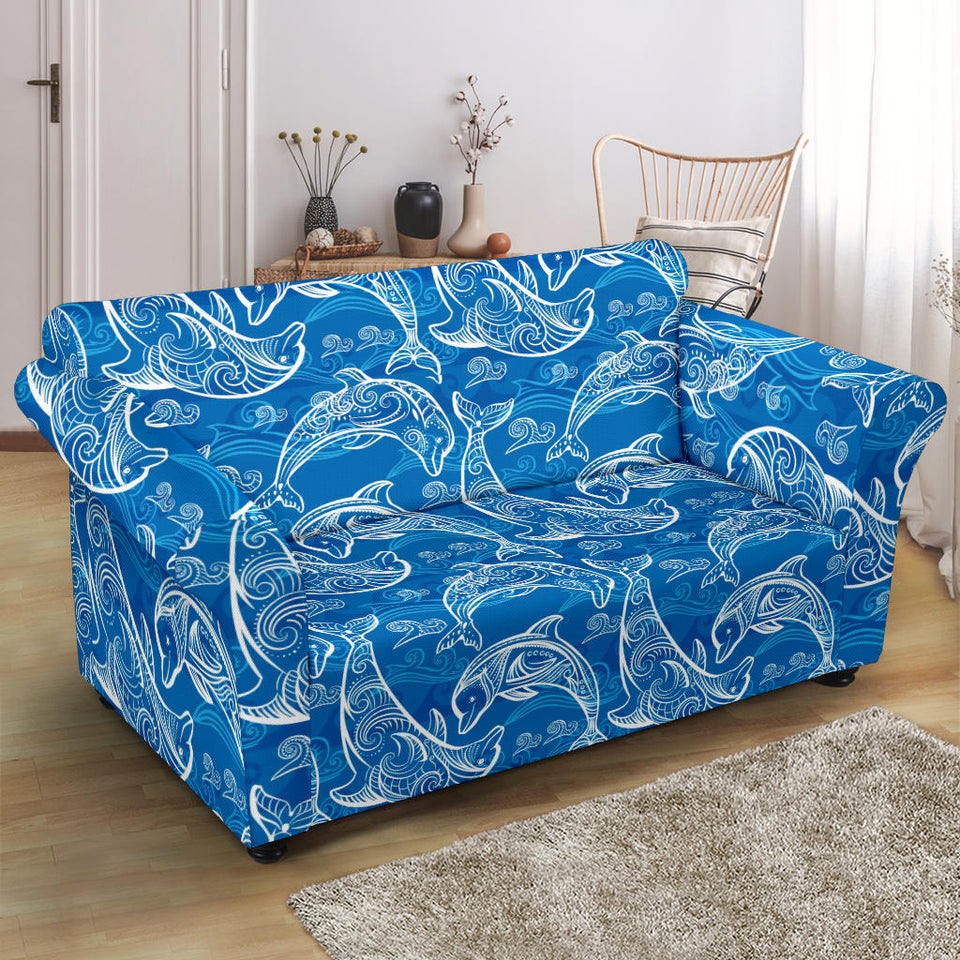 Dolphin Tribal Blue Pattern  Loveseat Couch Slipcover