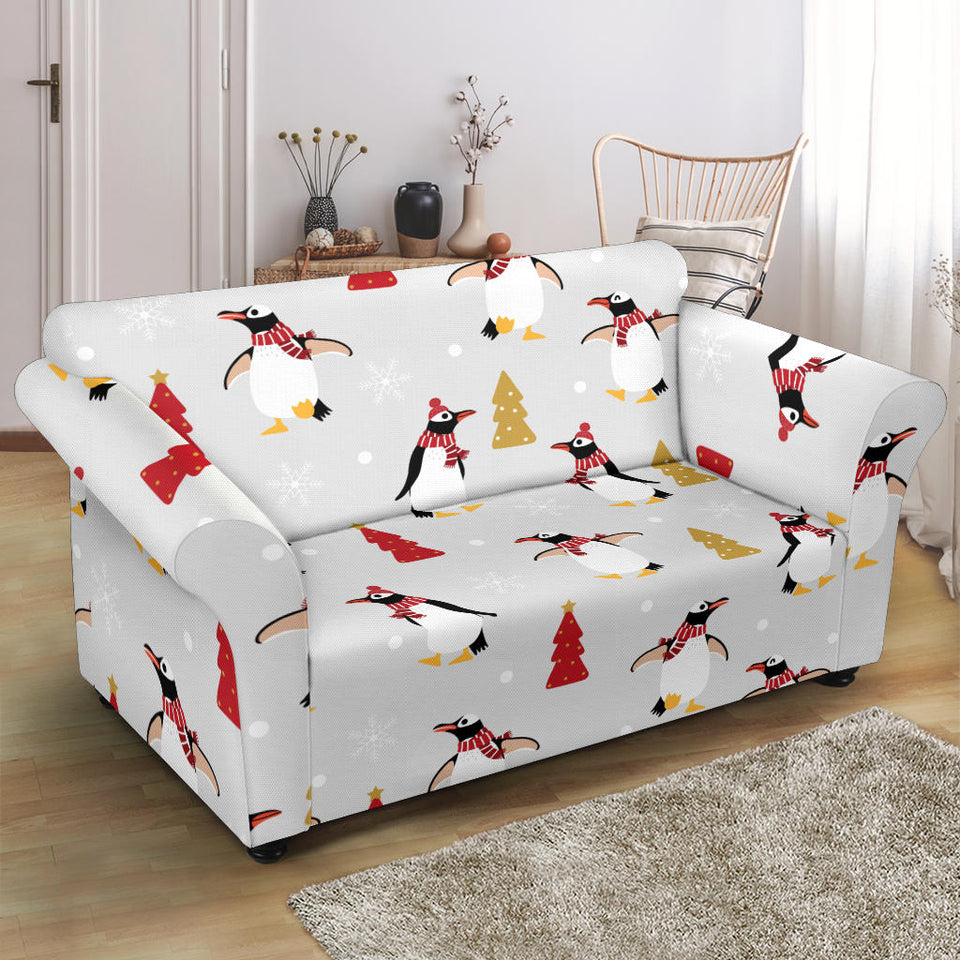 Penguin Christmas Tree Pattern Loveseat Couch Slipcover