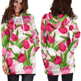 Pink White Tulip Pattern Women Hoodie Dress