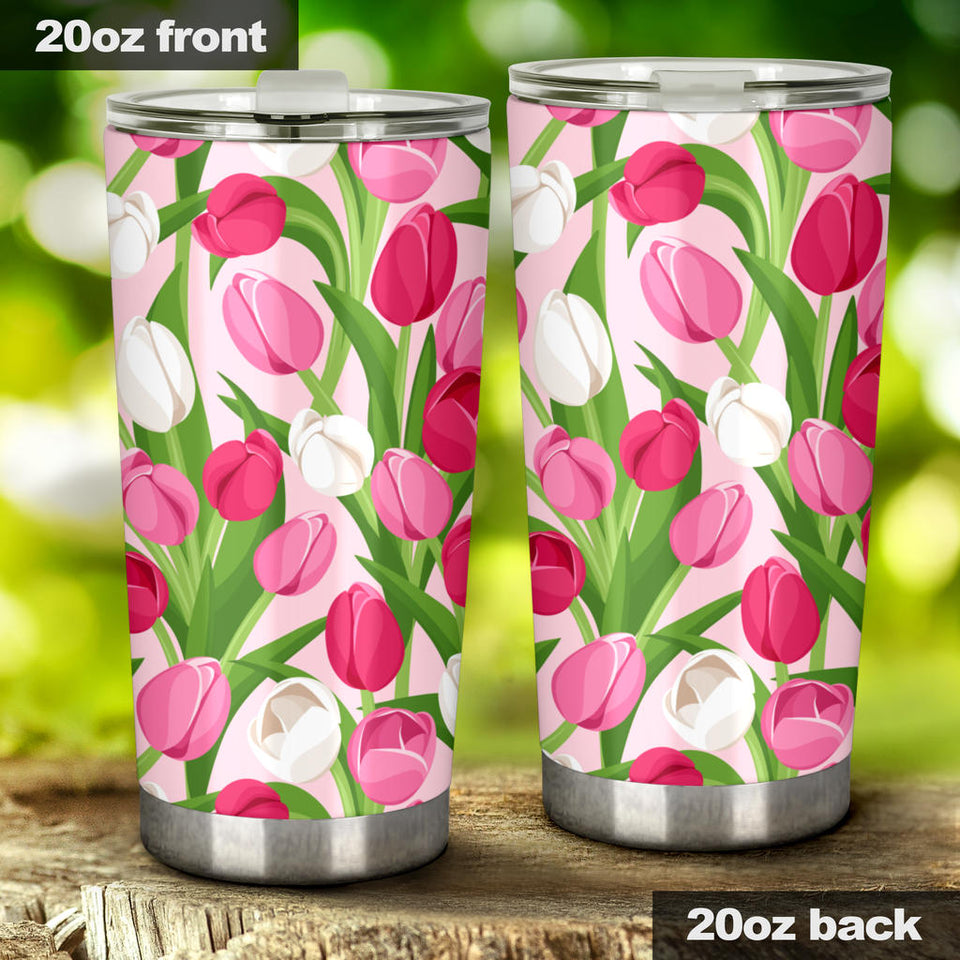 Pink White Tulip Pattern Tumbler