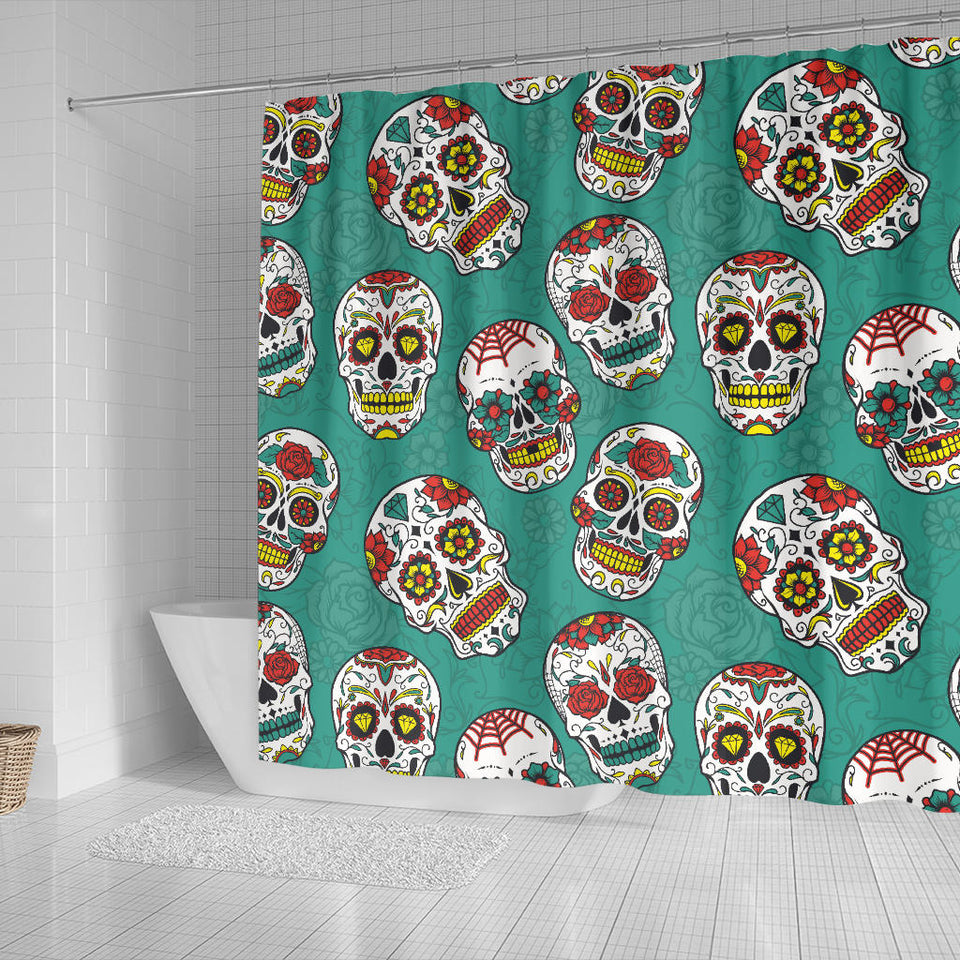 Suger Skull Pattern Green Background Shower Curtain Fulfilled In US