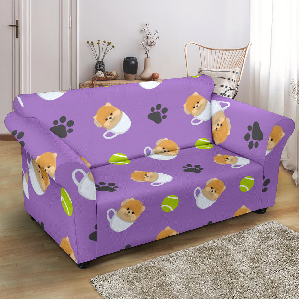 Pomeranian in Cup Pattern Loveseat Couch Slipcover