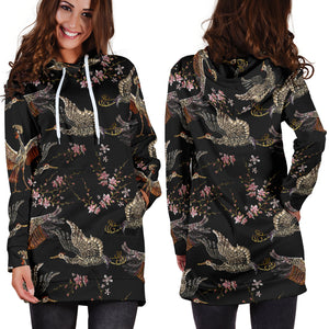 Japanese Crane Pattern Background Women Hoodie Dress