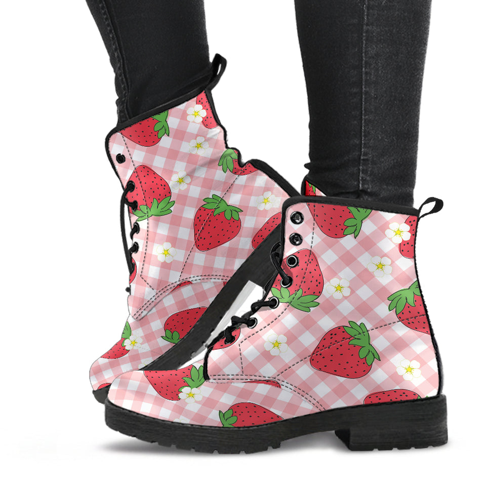 Strawberry Pattern Stripe Background Leather Boots