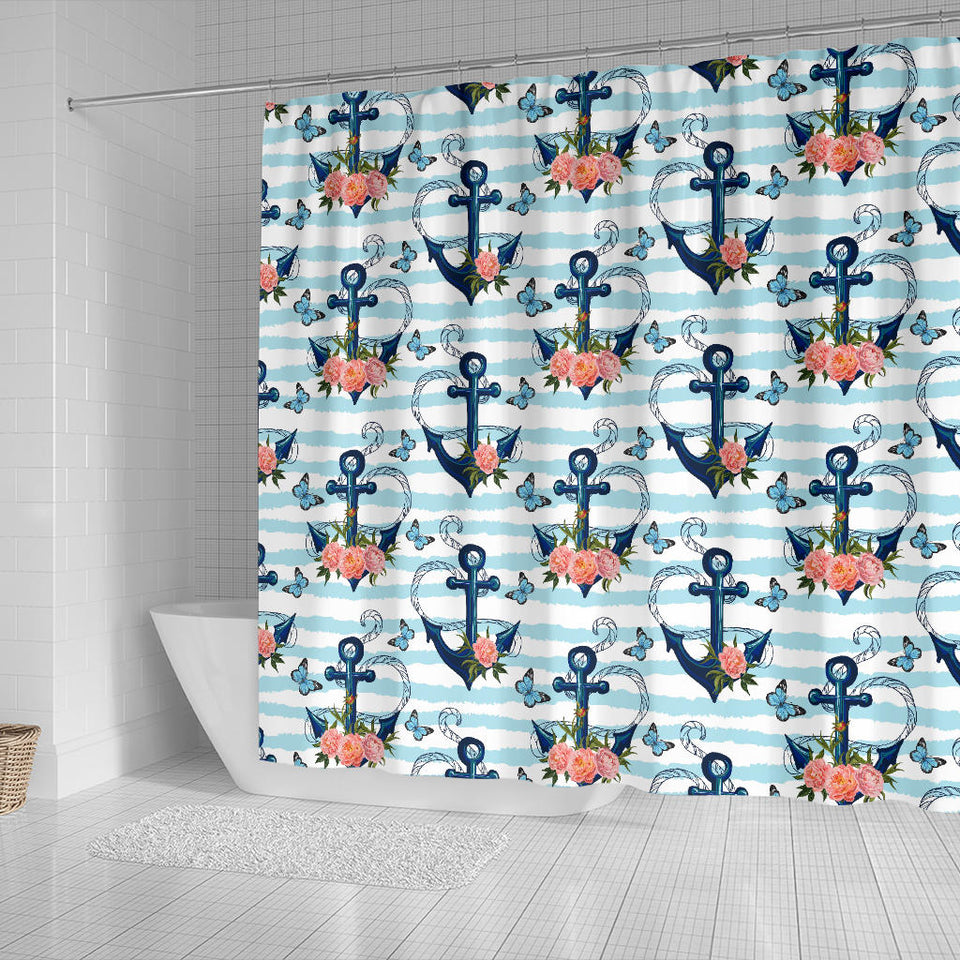 Anchor Flower Blue Stripe Pattern Shower Curtain Fulfilled In US