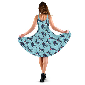 Swallow Pattern Print Design 01 Sleeveless Midi Dress