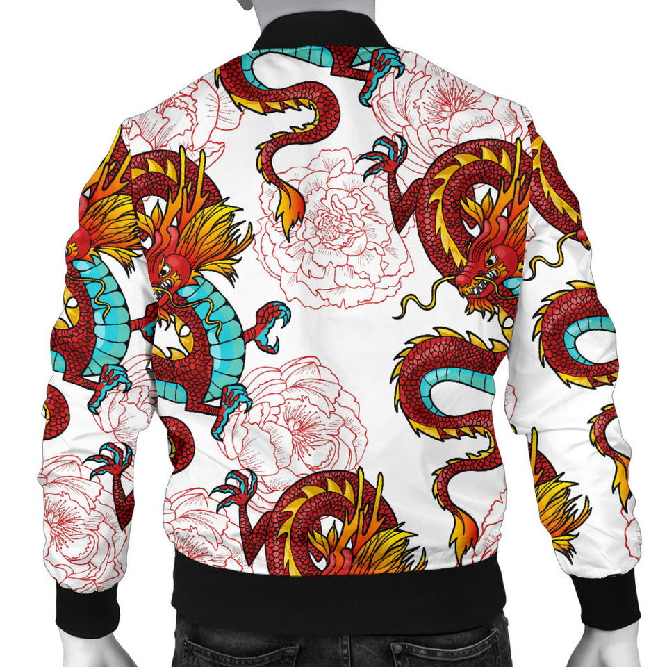 Red Dragon Hibiscus Pattern Men Bomber Jacket