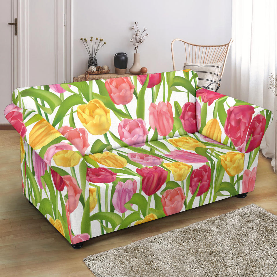 Pink Red Yellow Tulip Pattern Loveseat Couch Slipcover